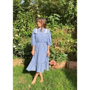 70s Chambray Prairie Dress, Lace Collar Midi - Vintage